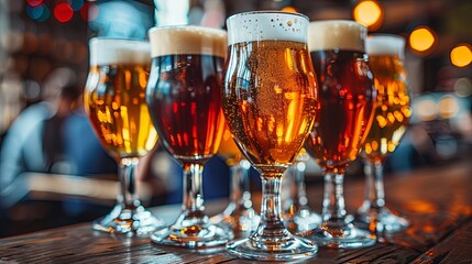 Glasses of fresh beer on a wooden bar counter. Close-up. Blurred background. International Beer Day