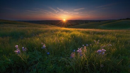 Idyllic Meadow at Sunset with Blooming Wildflowers and Rolling Hills. Generative AI