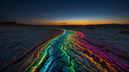 Surreal Desert Landscape with Rainbow-Colored Path at Twilight. Generative AI