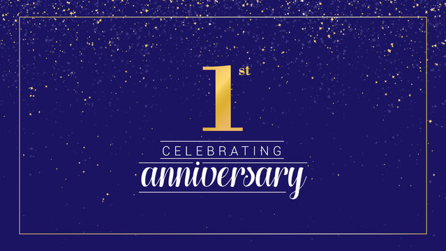 1 year anniversary celebration vector banner template. gold confetti on blue background. 1st anniversary logo with gold color digital banner and has space to write. 