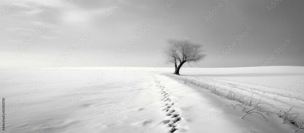 Poster snow covers the frozen field in a striking black and white scene with copy space image.