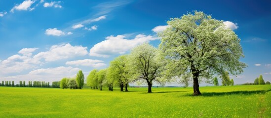 Scenic Hungarian spring view with lush trees under a clear blue sky, providing a picturesque backdrop for a copy space image.