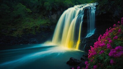 Serene Waterfall Flowing into a Tranquil Pool with Vibrant Pink Flowers in Foreground. Generative AI
