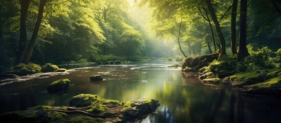 Fototapeta premium Tranquil forest bathed in soft sunlight, offering a serene landscape for a hopeful future, with a green nature backdrop and a bright future ahead in a soothing environment with a copy space image.