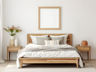 Blank wooden frame for wall art mock up. Boho bedroom interior in neutral beige tones. Wooden double bed with pillows.