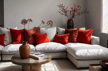 The living room features a white couch with orange pillows and a wooden table. There are also two vases with flowers on them, adding a touch of color and freshness to the space.