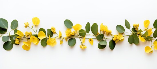 Flat lay arrangement of yellow flowers and eucalyptus leaves on a white backdrop, offering a top-view perspective with room for text or other elements in the image. with copy space image