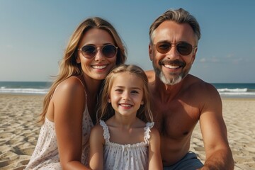 Obraz premium The family is relaxing on the beach, taking selfies on the phone.