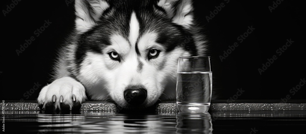 Poster close-up image of a husky dog in black and white fur drinking water with copy space image.
