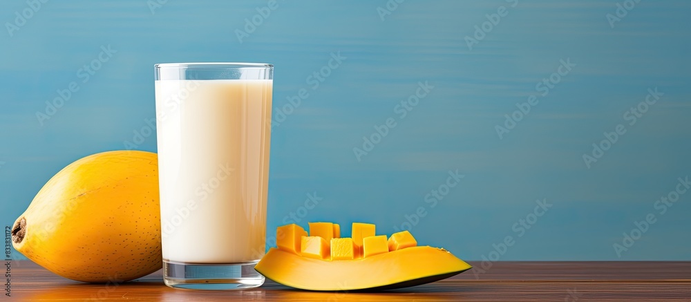 Poster a refreshing glass of mango milk with a vibrant copy space image.