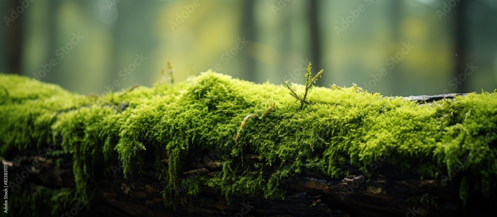 Poster Tree trunk covered in moss, creating a serene natural scene with copy space image.