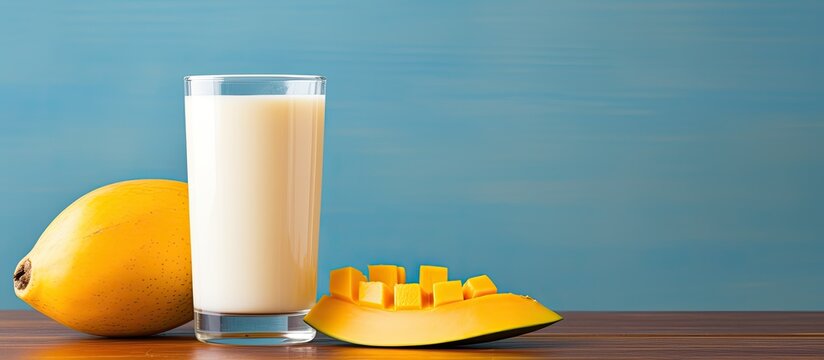 A refreshing glass of mango milk with a vibrant copy space image.