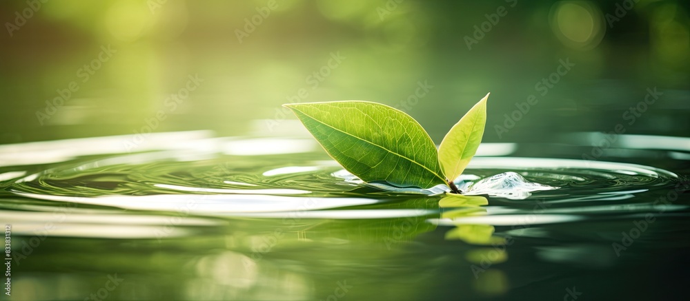 Poster macro image of a green leaf on water with copy space image.