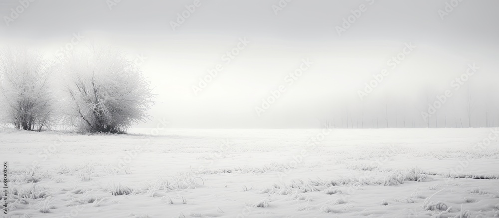 Poster snow covers the frozen field in a striking black and white scene with copy space image.