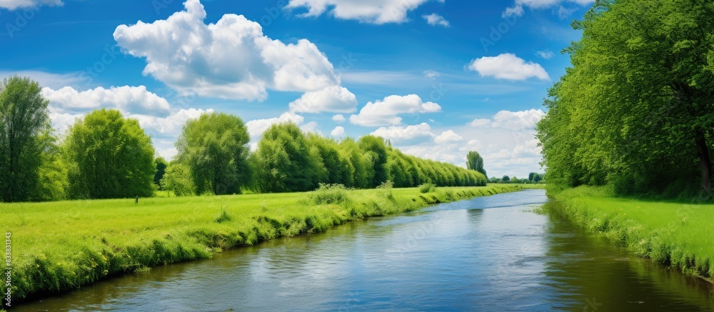 Poster lush green canals surrounded by trees under a clear blue sky with fluffy white clouds, providing a s