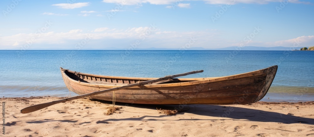 Poster Wooden canoe resting on the sandy beach with a clear view of the ocean in the background, ideal for adding text or design in the copy space image.
