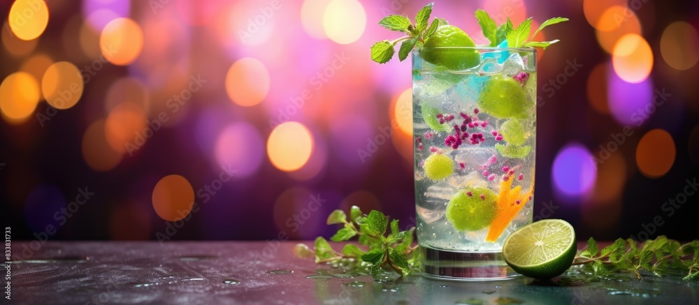 Poster mojito beverage on a white surface surrounded by a vibrant backdrop with plenty of colorful lights, 