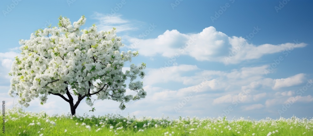 Poster white blossoming apple tree in spring with a beautiful copy space image.