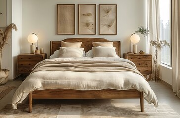 A bedroom with a wooden bed and pictures on the wall. The bed is made with white sheets and has a wooden headboard. The room also has a nightstand with a lamp on it.