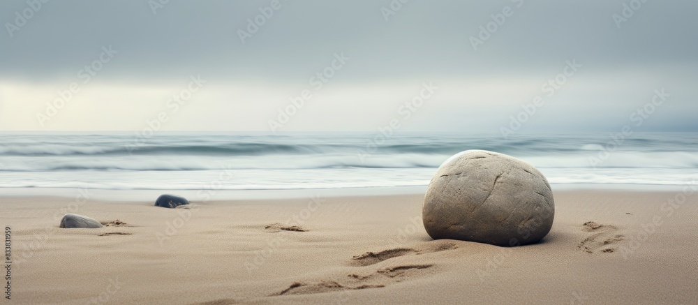 Aufkleber the smooth grey stone resting on the sandy beach, with a tranquil ocean backdrop in the copy space i
