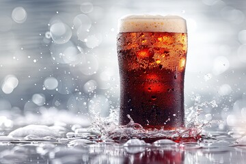 Delicious foamy beer with flying splashes on a white background. International Beer Day