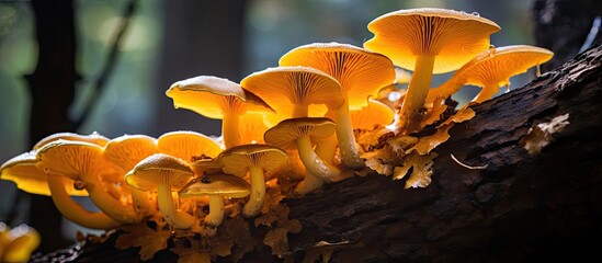 A bracket fungi, known as polypores, is a large yellow fungus on a tree trunk with a hollow center, creating a captivating copy space image.