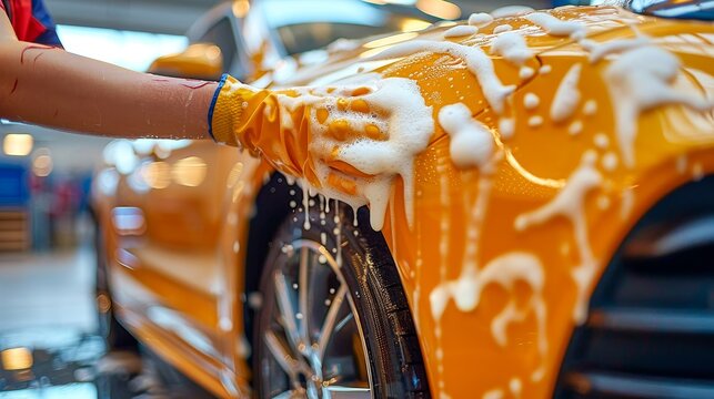 Close-up of a hand with glove washing an orange car with soap and foam in a car wash facility, highlighting auto detailing and care.