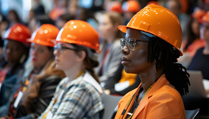 A group of women wearing an orange construction helmet at a meeting. Diversity concept.