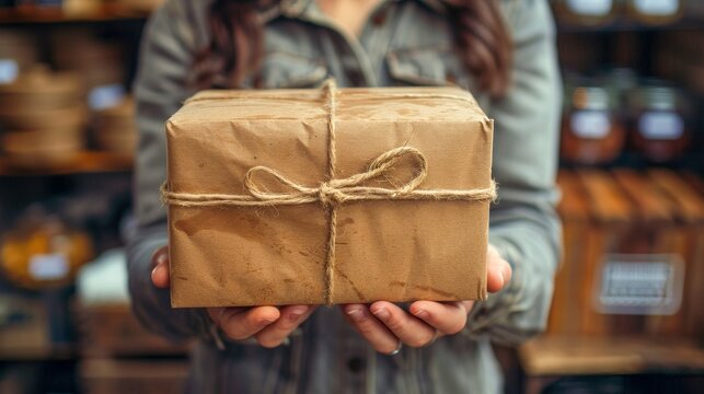 Close-up of a person holding a gift-wrapped package with a tied string in a cozy setting, perfect for holidays or special occasions.