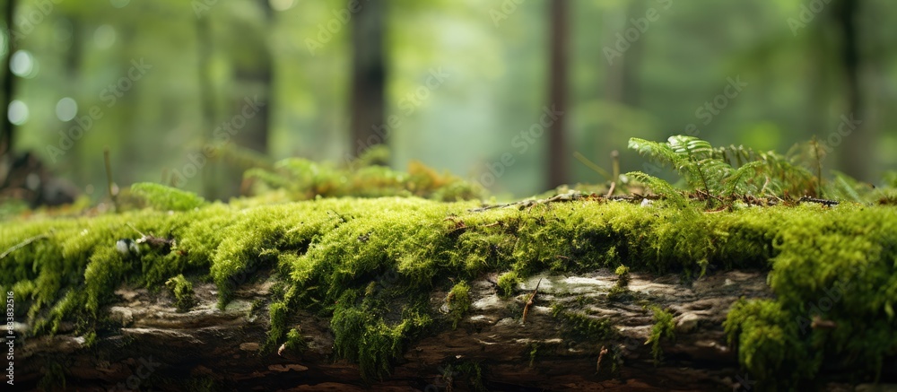 Aufkleber Tree trunk covered in moss, creating a serene natural scene with copy space image.