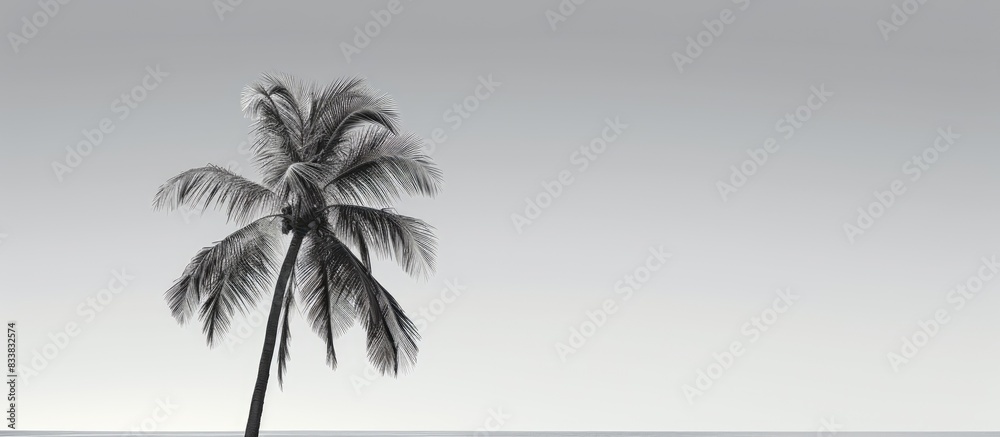 Poster monochrome backdrop featuring a coconut tree silhouette against a clear sky with copy space image.