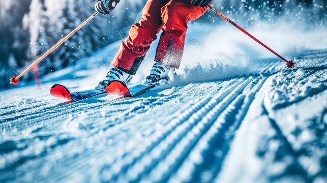 Close-up of a skier skiing down a groomed snowy slope on a sunny winter day. Focus on skis and snow, motion and action in winter sport.