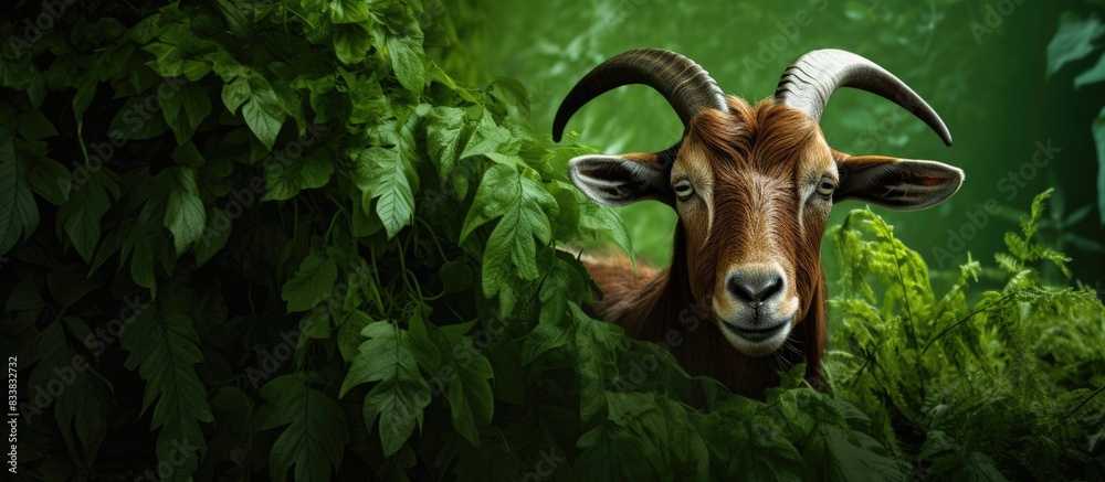 Poster image of a brown goat against a lush green backdrop with copy space image available.