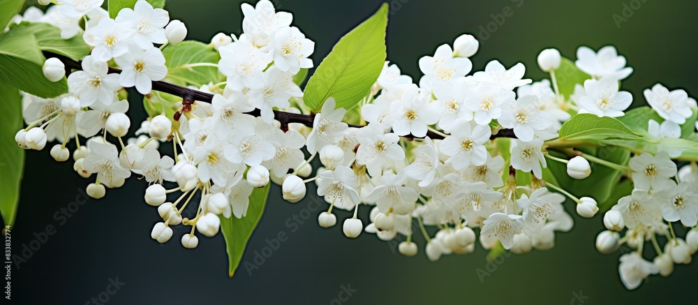 Poster Close-up of fragrant bird cherry branch with white flowers - copy space image.