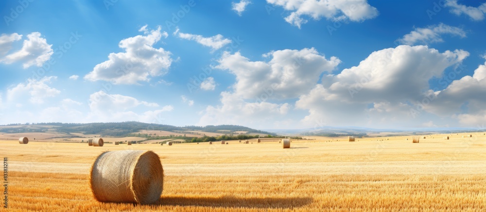 Poster after harvesting, golden wheat fields with straw bales make a beautiful countryside scene with a stu
