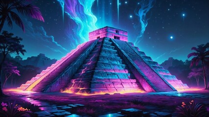 Surreal Bioluminescent Ancient Pyramid with Neon Lights Under Starry Night Sky. Generative AI