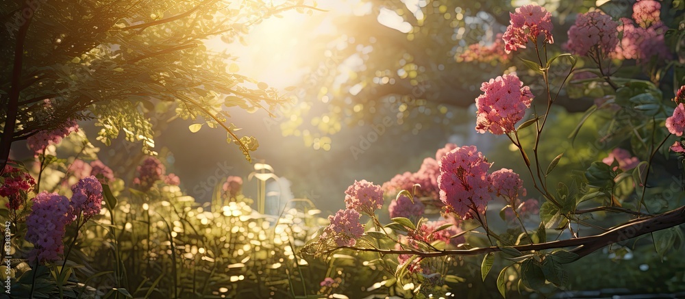 Poster sunlight streaming through flowers and branches, adding a touch of nature's beauty to the scene, ide