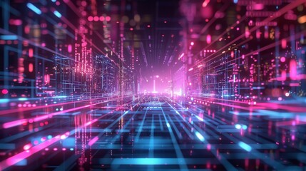 Digital Grid and Glitch Effects, High-tech grid patterns with glitch effects in neon colors