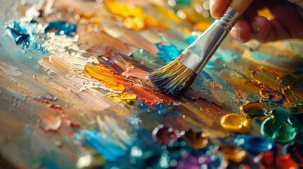 Fototapeta premium Artist Holding Paintbrush: Illustrate a close-up of an artist's hand holding a paintbrush, with vibrant colors on a palette in the background.