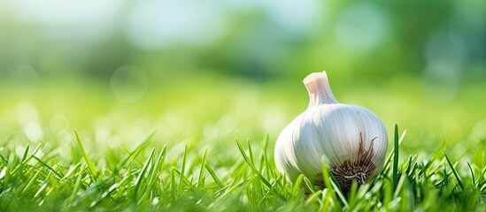 Closeup of a single garlic bundle on green grass in summer day with copy space image