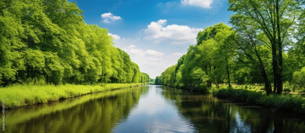 Poster lush green canals surrounded by trees under a clear blue sky with fluffy white clouds, providing a s
