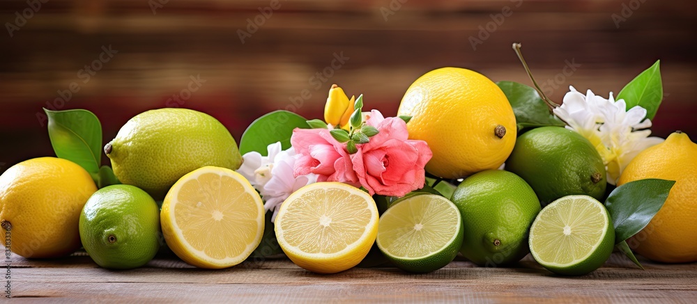 Aufkleber bright fresh lemons and limes in various colors attractively arranged on a wooden surface with flowe