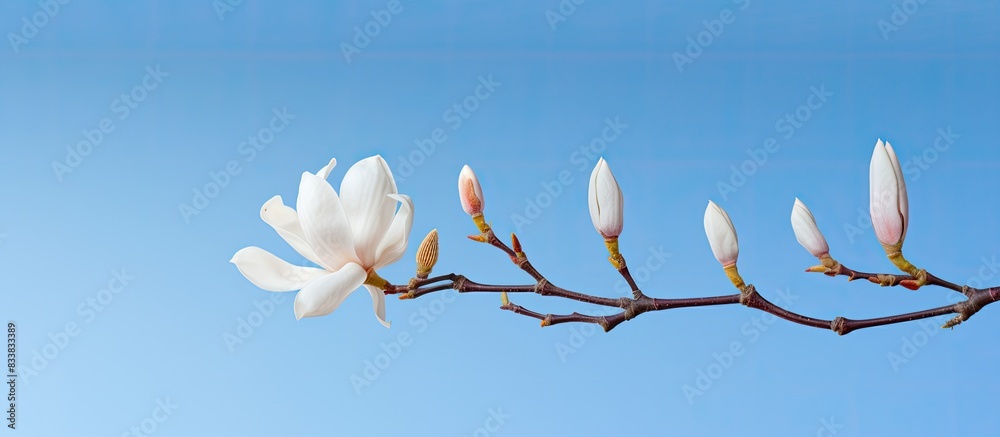 Poster a magnolia blossom on twigs against a blue sky with room for text. with copy space image. place for 