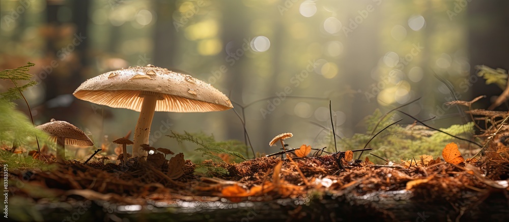 Poster autumn forest scene featuring macrolepiota procera, an edible parasol mushroom in a serene setting w