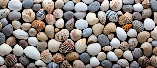 Sea rocks adorned with a pattern of empty shells with abundant copy space image.