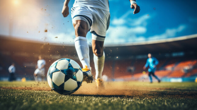 A mesmerizing moment frozen in time during a vibrant sunset, a skilled soccer player kicks the ball in a dynamic stadium, vividly capturing the intense colors and energy of the game