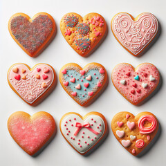 Fototapeta premium Homemade heart cookies on white background, top view