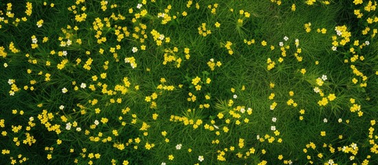 Aerial view of softly-focused yellow flowers amidst green grass, with copy space image. - Powered by Adobe