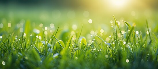 Close-up image of green grass with dew drops in sunlight, with selective focus. Copy space image. - Powered by Adobe