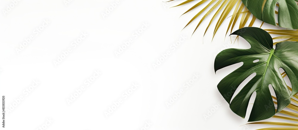 Aufkleber Minimal concept featuring gold tropical palm leaves and Monstera on a white background in a flat lay composition with a top view, creating a stylish copy space image.
